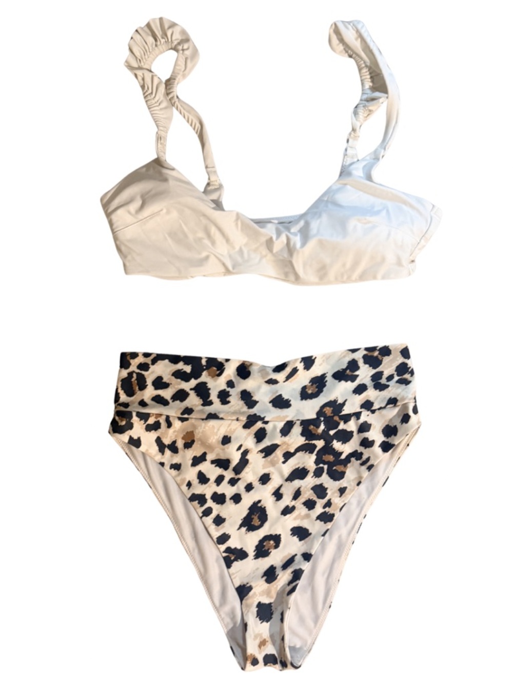 aerie White Ruffle-Strap Bikini Top with Leopard High-Waist Bottom